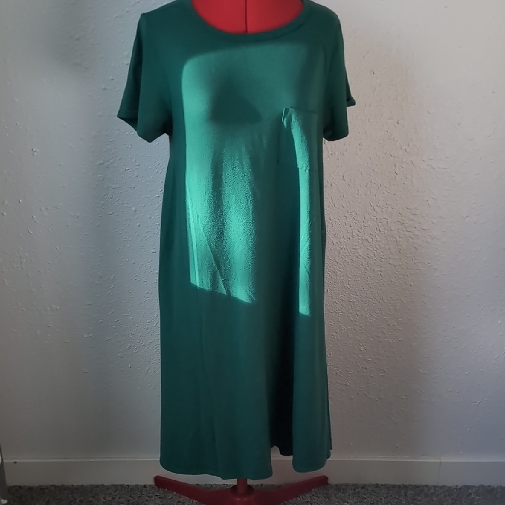LuLaRoe Carly Women's M Dark Green Short Sleeve HiLo A-line Dress Stretch Soft